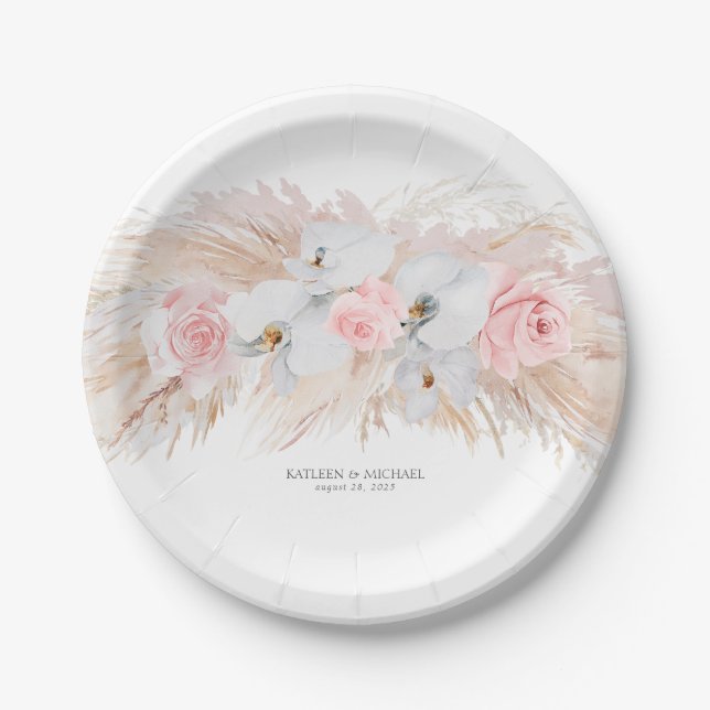 Feathery Pampas Grass and White Orchids Wedding Paper Plates (Front)