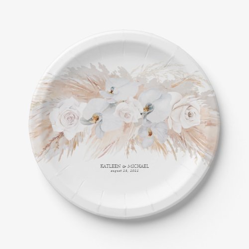 Feathery Pampas Grass and White Orchids Wedding Paper Plates