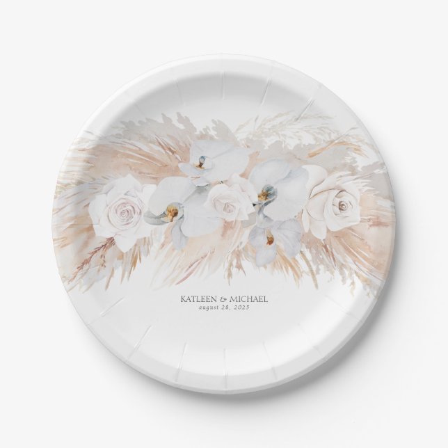 Feathery Pampas Grass and White Orchids Wedding Paper Plates (Front)