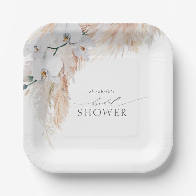 Feathery Pampas Grass White Orchids Bridal Shower Paper Plates (Front)