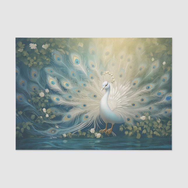 Feathery Peacock Promenade, Elegant White Peacock Tissue Paper (Front)