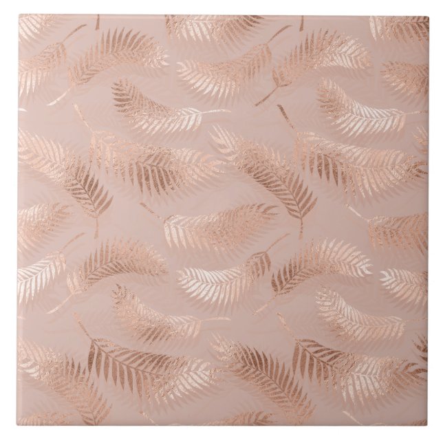 Feathery Rose Gold Leaves on Pink Ceramic Tile (Front)