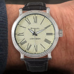 Featuring Name and Surname Watch<br><div class="desc">Personalised watch. Personalised gift watch. Stylish watch features the name of the recipient. Design of clock face has classic Roman numerals. Parchment style background. Great gift idea that will be cherished.</div>