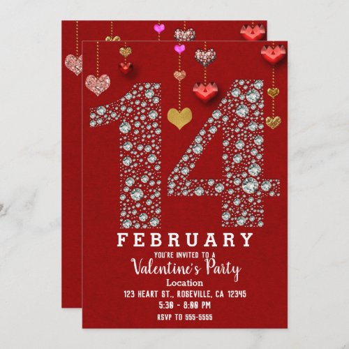 February 14 14TH Red Hearts Valentines Day Party Invitation