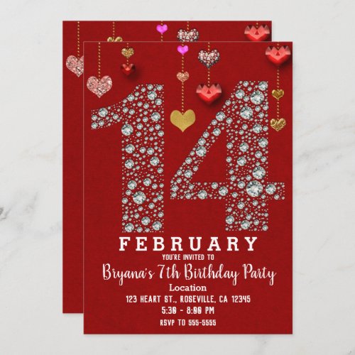 February 14 14TH Red Hearts Valentines Party Invitation