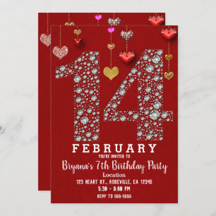 February 14 14TH Red Hearts Valentine's Party Invitation