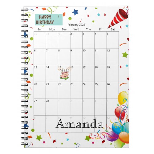 February 2022 Calendar Happy Birthday Notebook