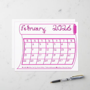February 2026 Calendar Pink Bolt Fabric Font Paper