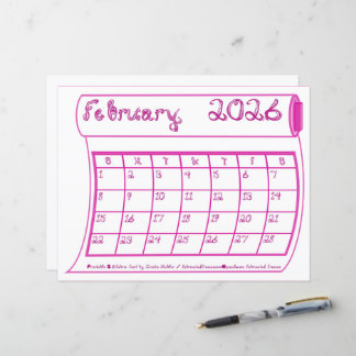 February 2026 Calendar Pink Bolt Fabric Font Paper