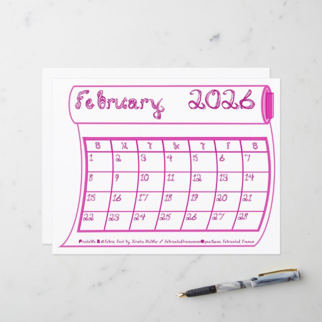 February 2026 Calendar Pink Bolt Fabric Font Paper (Front/Back In Situ)