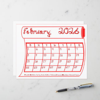 February 2026 Calendar Red Bolt Fabric Font Paper