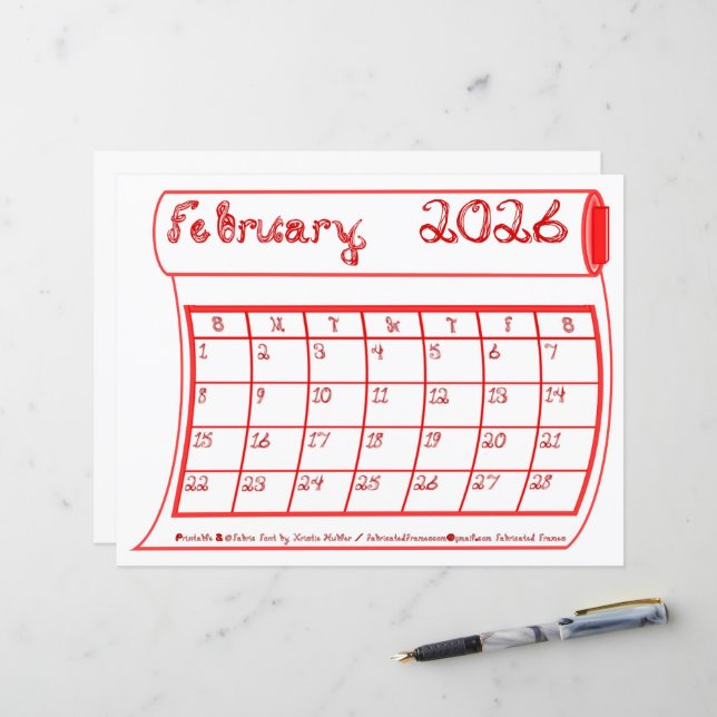 February 2026 Calendar Red Bolt Fabric Font Paper (Front/Back In Situ)