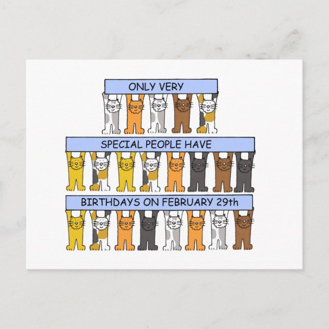 February 29th Birthday Cartoon Cats Postcard (Front)