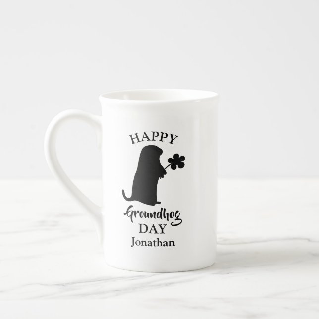 February 2 | Happy Groundhog Day Personalized Name Bone China Mug (Left)