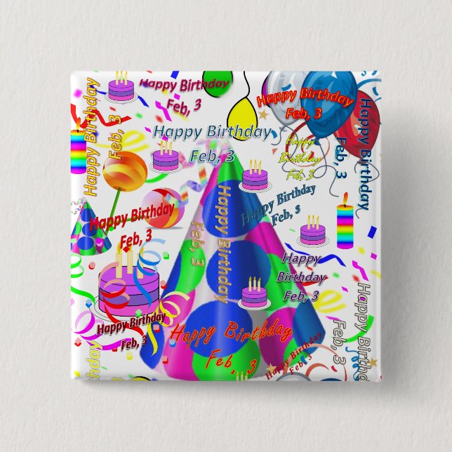 February, 3 Birthday Square Button (Front)