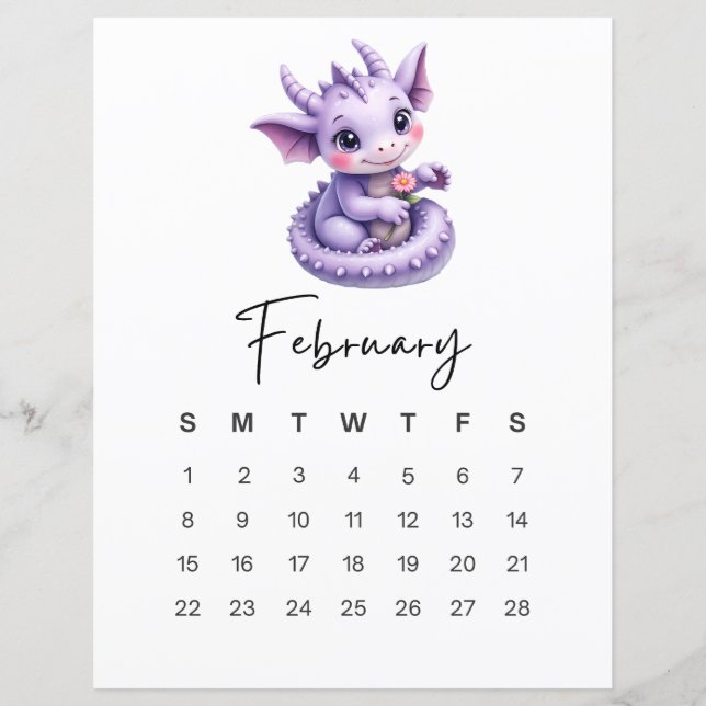 February Baby Dragon Cute Fantasy Monthly Calendar (Front)