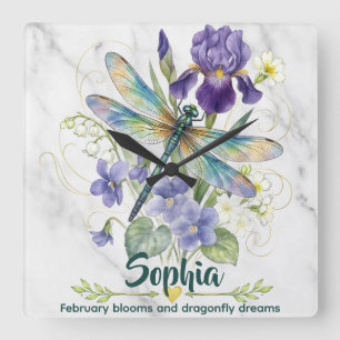 February Birth Flower Iris Violet Dragonfly Wall C Square Wall Clock
