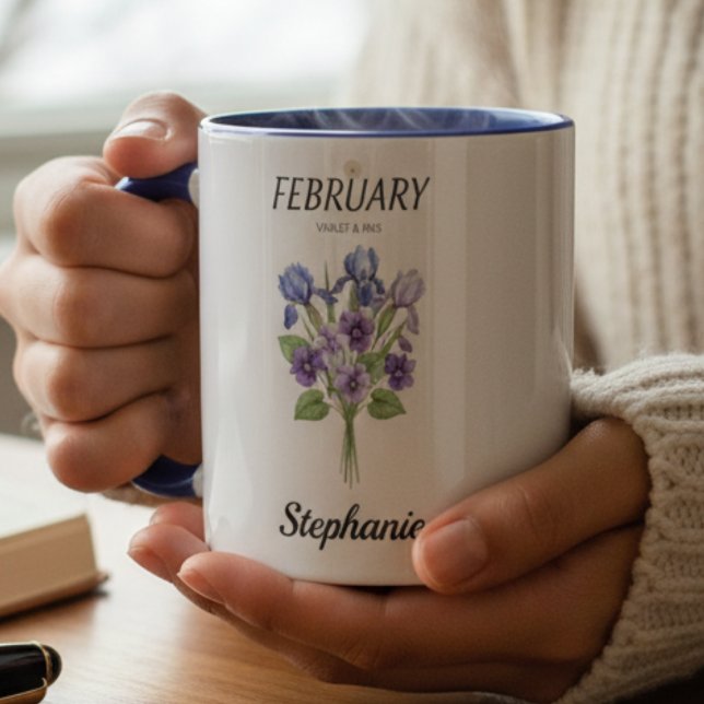 February Birth Flower Nature Lover Whimsical Mug (Personalized February Birthday Violet Iris Botanical Mug )