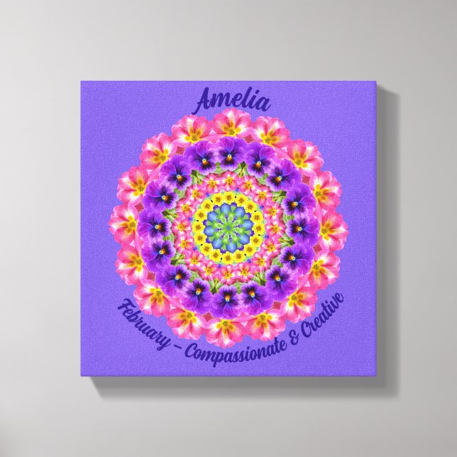 February Birth Flower Personalized Mandala Zen Art Canvas Print (Front)