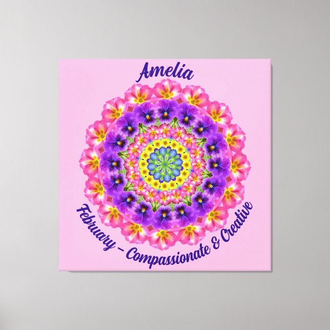 February Birth Flower Personalized Mandala Zen Art Canvas Print (Front)