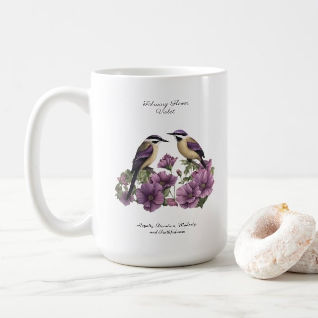 February Birth Month Flower Personalized Birthday Coffee Mug (With Donut)