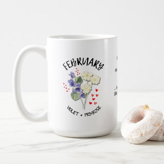 FEBRUARY Birth Month Flower Personalized Christian Coffee Mug (With Donut)
