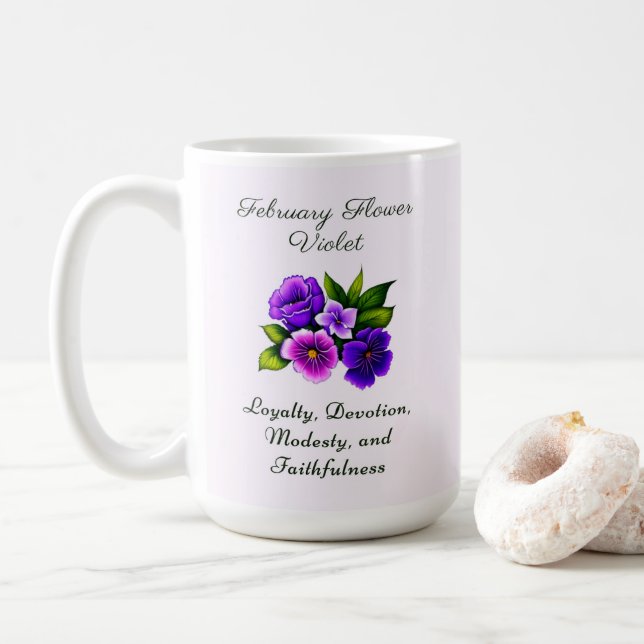 February Birth Month Flower Violet Delicate Floral Coffee Mug (With Donut)