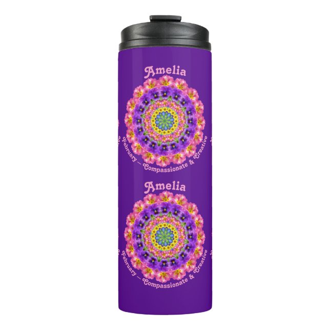 February Birth Month Flowers Custom Mandala Zen Thermal Tumbler (Front)