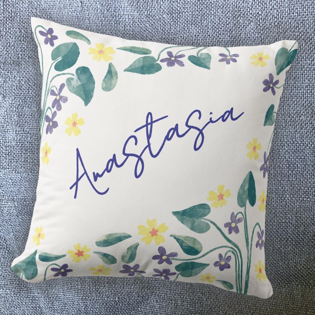 February Birth Month Violet Primrose Personalized Throw Pillow (February birth month flower personalized script name watercolor violet primrose art throw pillow)