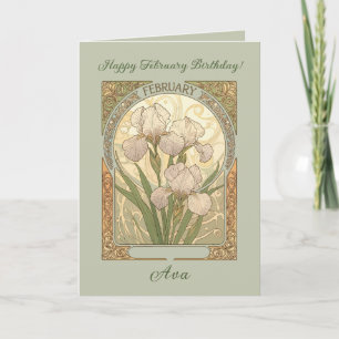 February Birthday Iris Flowers Art Nouveau Style Card