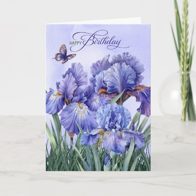February Birthday Purple Iris with Butterflies Card (Front)