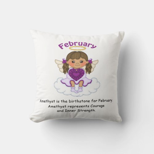 February Birthstone Angel Brunette Throw Pillow