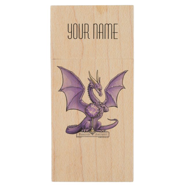 February Birthstone Dragon - Amethyst Wood Flash Drive (Front Vertical)