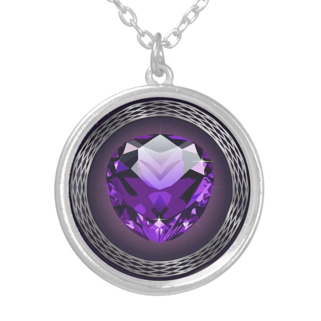 February Birthstone Round Necklace, Silver Plated Silver Plated Necklace (Front)