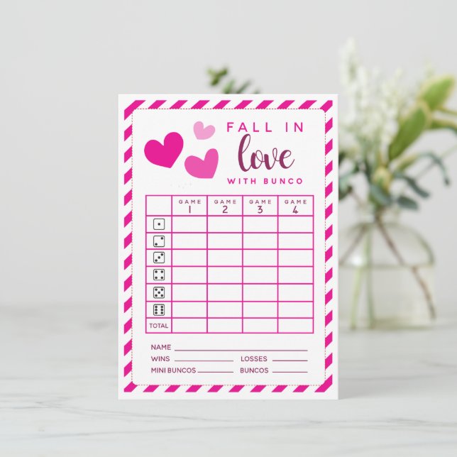 February Bunco Fall In Love double sided scorecard Invitation (Standing Front)