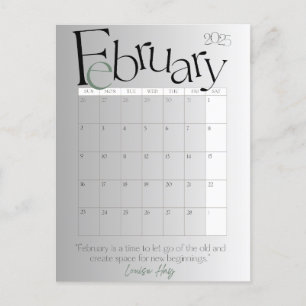 February Gray Modern Monthly Calendar 2025 Postcard