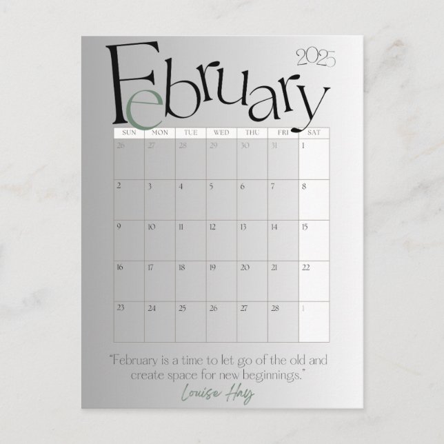 February Gray Modern Monthly Calendar 2025 Postcard (Front)