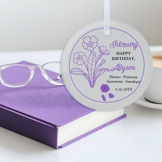 February Primrose | Amethyst Birthday Keepsake Glass Ornament (February Primrose Floral | Amethyst Gemstone Birthday Keepsake Glass Ornament)