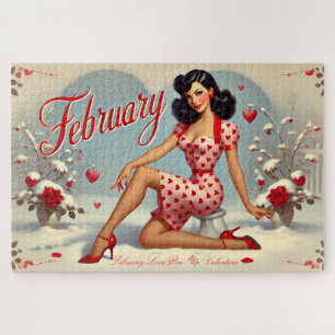 February Retro Brunette Pin-Up Girl Jigsaw Puzzle