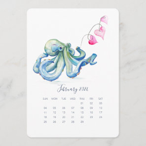 February Stand Alone Calendar Blue Octopus
