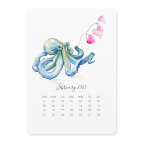 February Stand Alone Calendar Blue Octopus