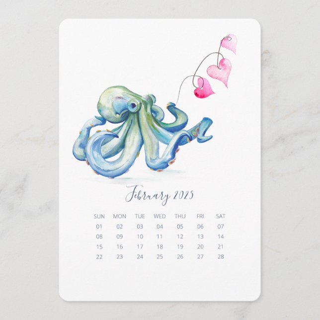 February Stand Alone Calendar Blue Octopus (Front)