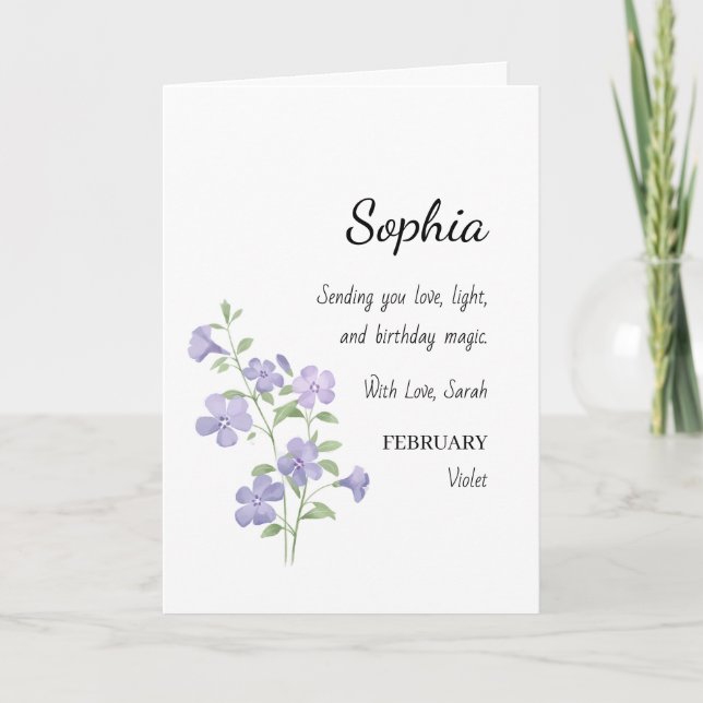 February Violet Personalized Birthday Card (Front)