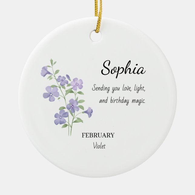 February Violet Personalized Birthday Ceramic Ornament (Front)