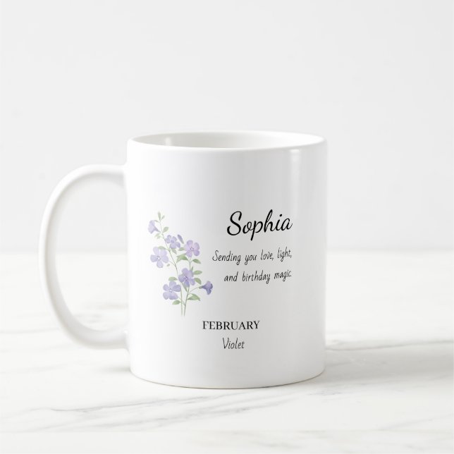 February Violet Personalized Birthday Coffee Mug (Left)