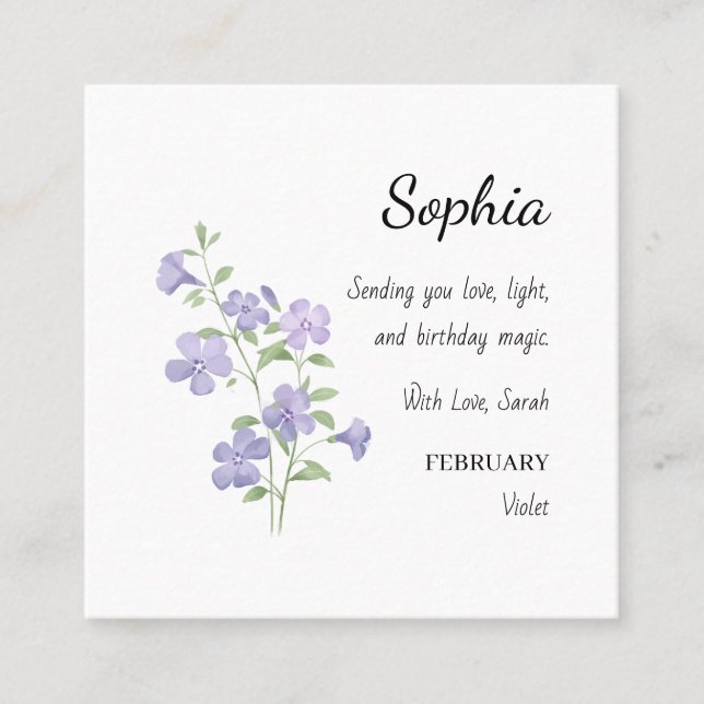 February Violet Personalized Birthday Square Business Card (Front)