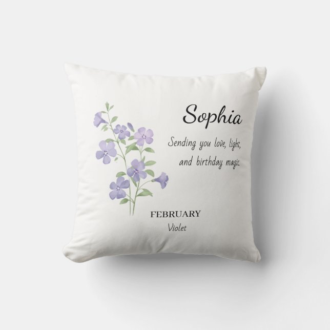 February Violet Personalized Birthday Throw Pillow (Front)