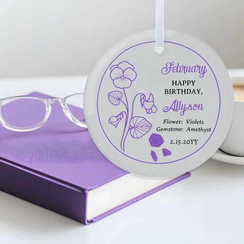 February Violets Floral Amethyst Birthday Keepsake Glass Ornament