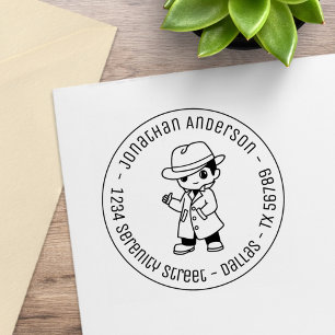 Fedora Hat Trench Coat Man Round Address Rubber St Stamp