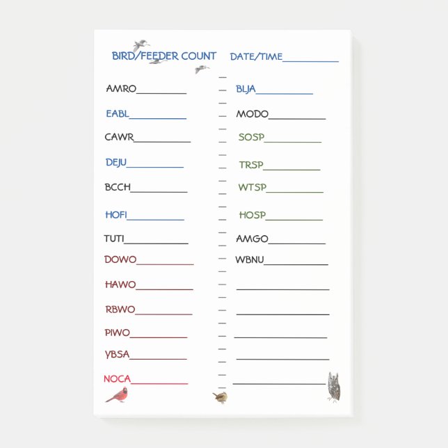 Feeder Watch-preprinted feeder birds Notes (Front)